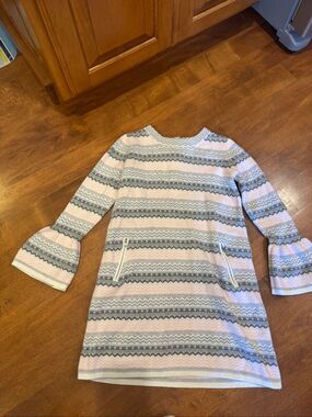 Janie and Jack Girls Size 8 Fair Isle Sweater Dress Pink Gray Bell Sleeve